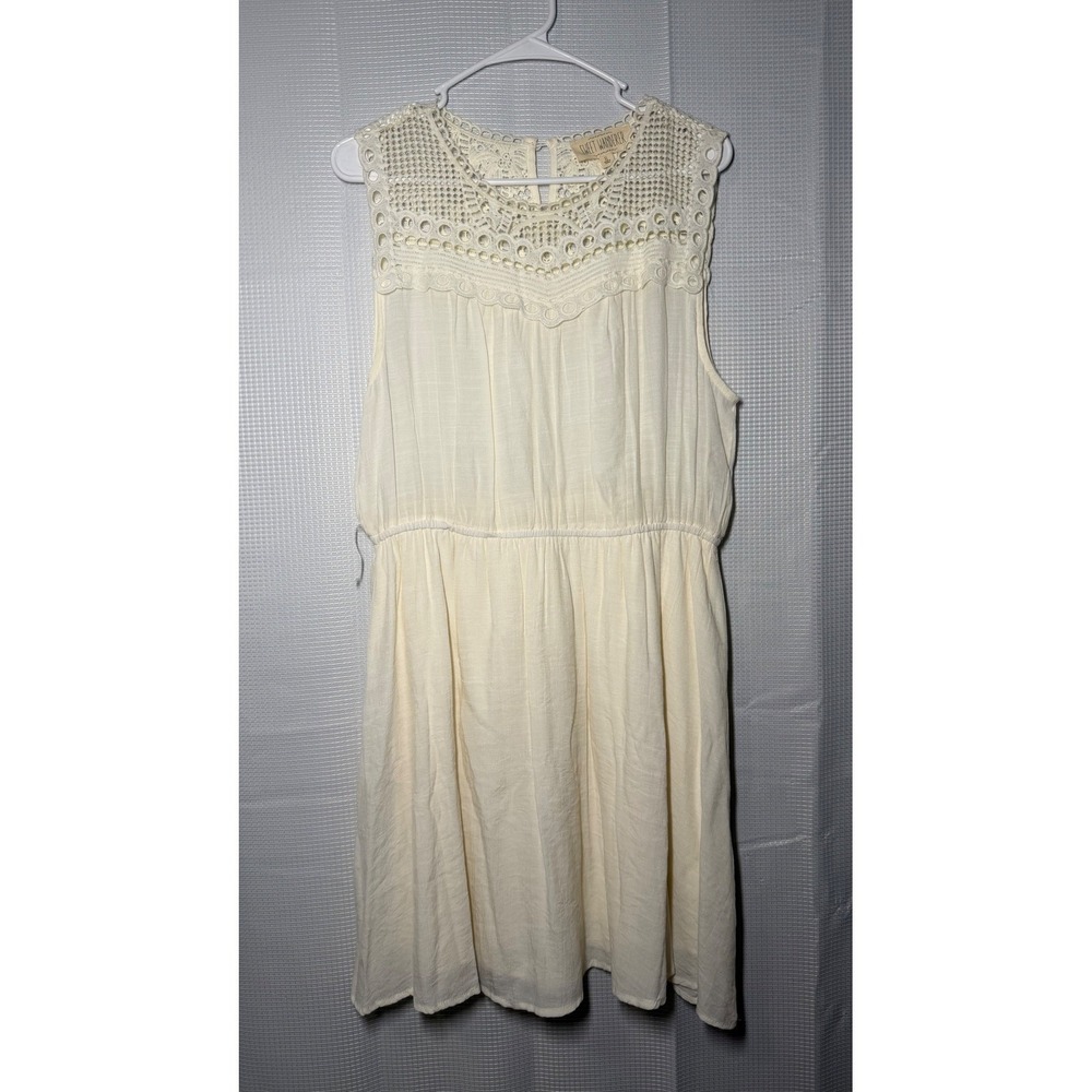 Sweet Wanderer Crochet‎ Lace Mini Dress XL Cream Sleeveless Elastic Waist TB6641